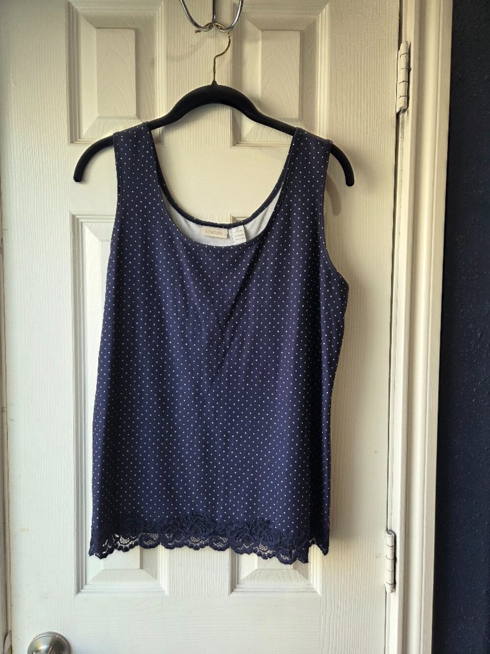 Chico's Sz 2 Navy White Polka Dot Blue Sleeveless Nylon Stretch Tank Top